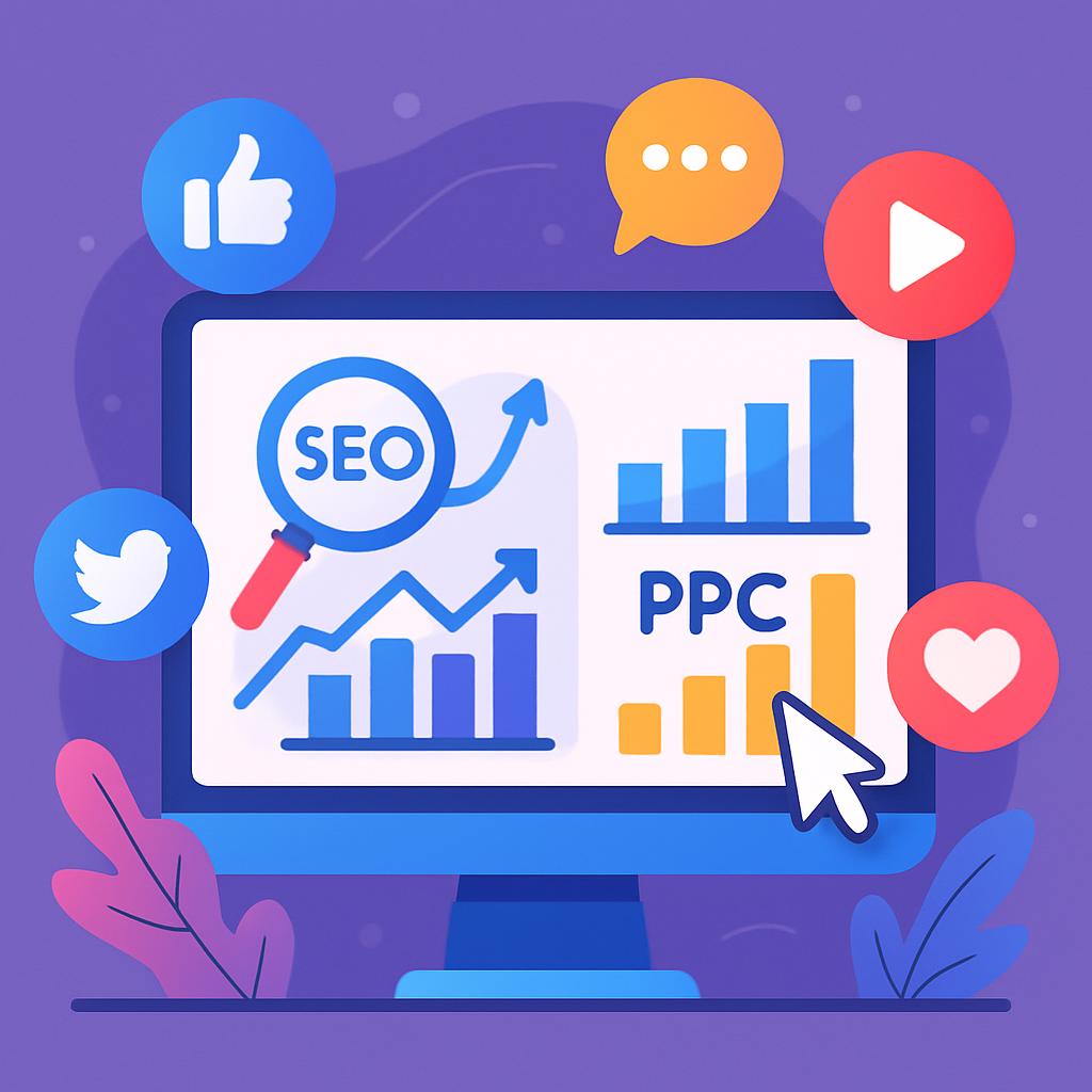 SEO and PPC website optimization analysis on a computer screen.