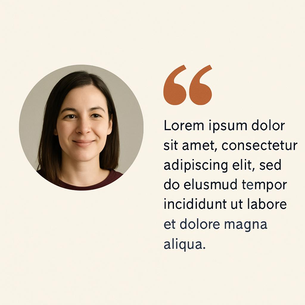 A woman with long dark hair on the left, a large quotation mark in the upper middle, and a block of text in a foreign lang...