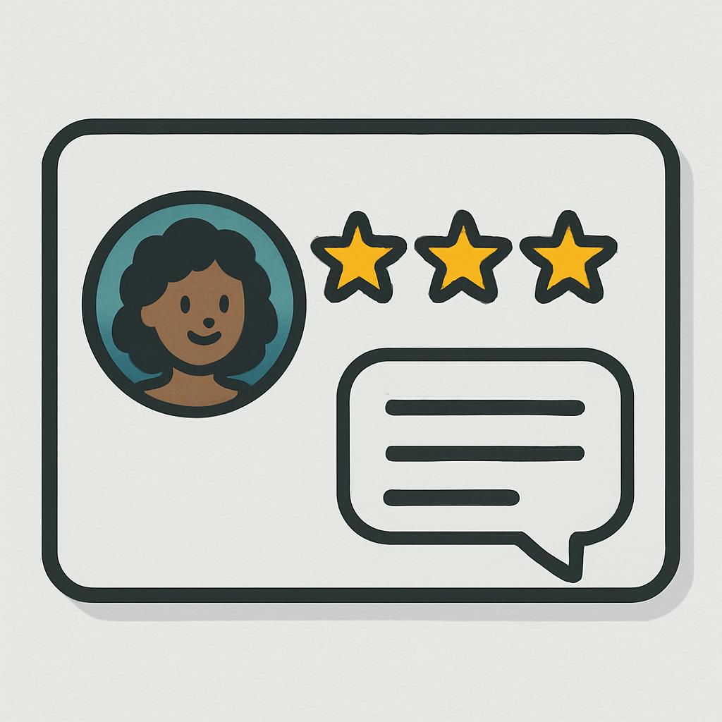 A smiling woman icon alongside a rating system and a chat bubble.