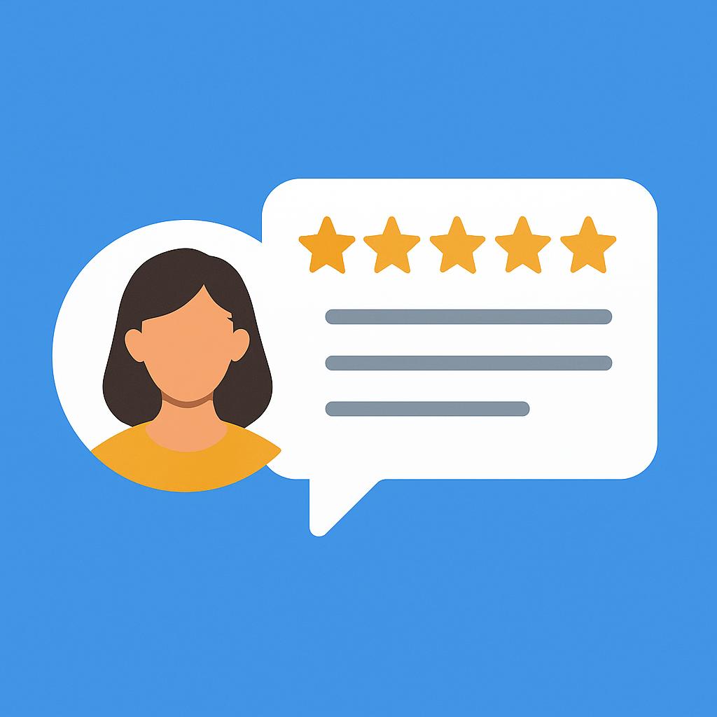 A cartoon drawing of a woman's head and a speech bubble with yellow stars and text of lines. The background is blue.