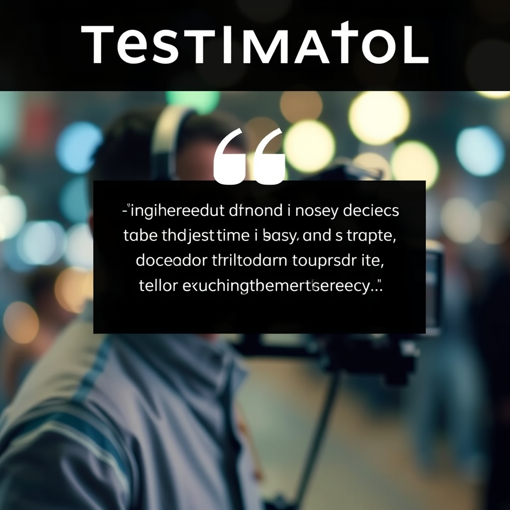 Image of a person with a camera and colorful lights in the background. Quote box contains placeholder text in English.